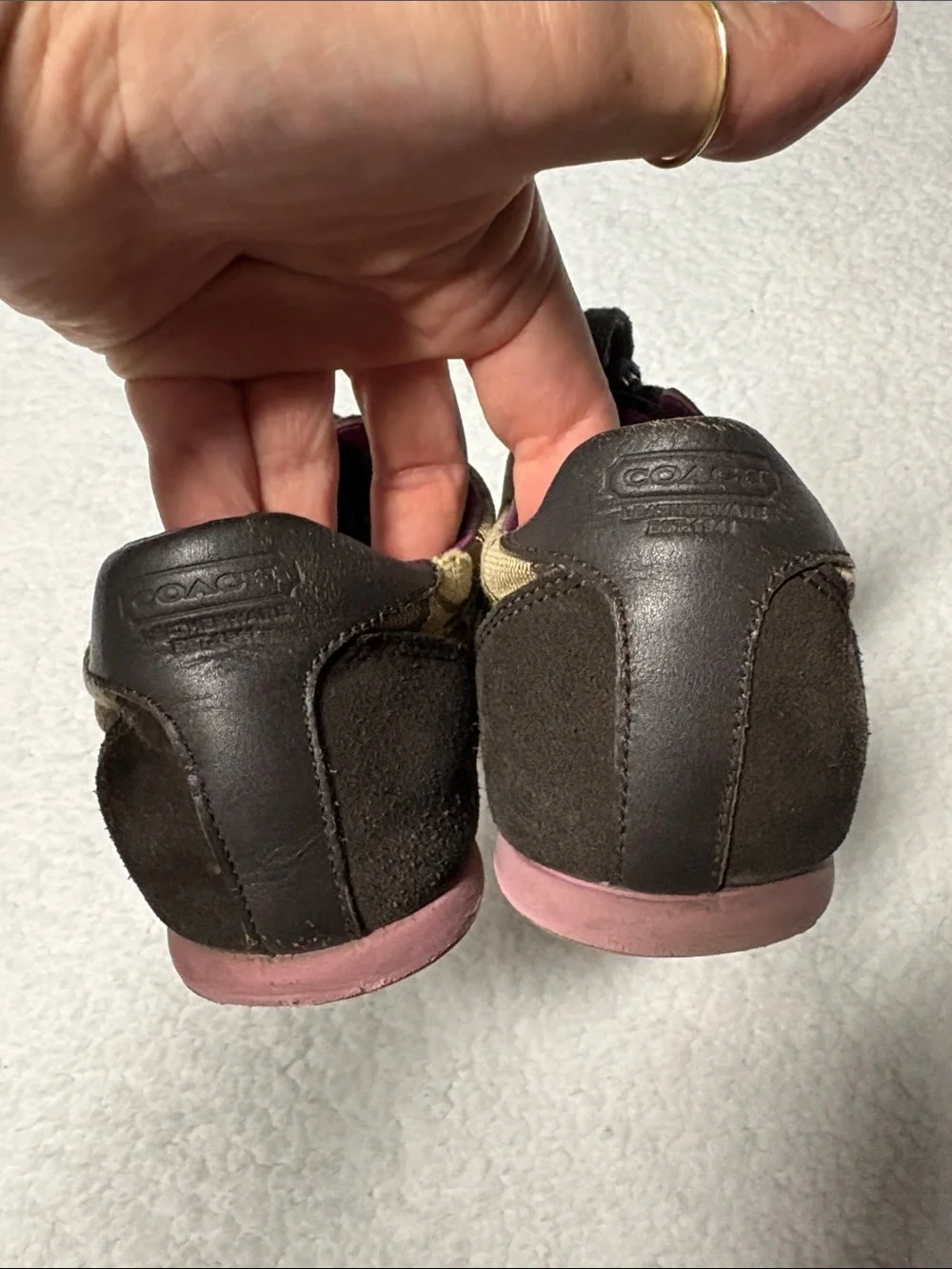 Coach 7.5 Joss Brown Signature Canvas Sneakers with Pink Trim